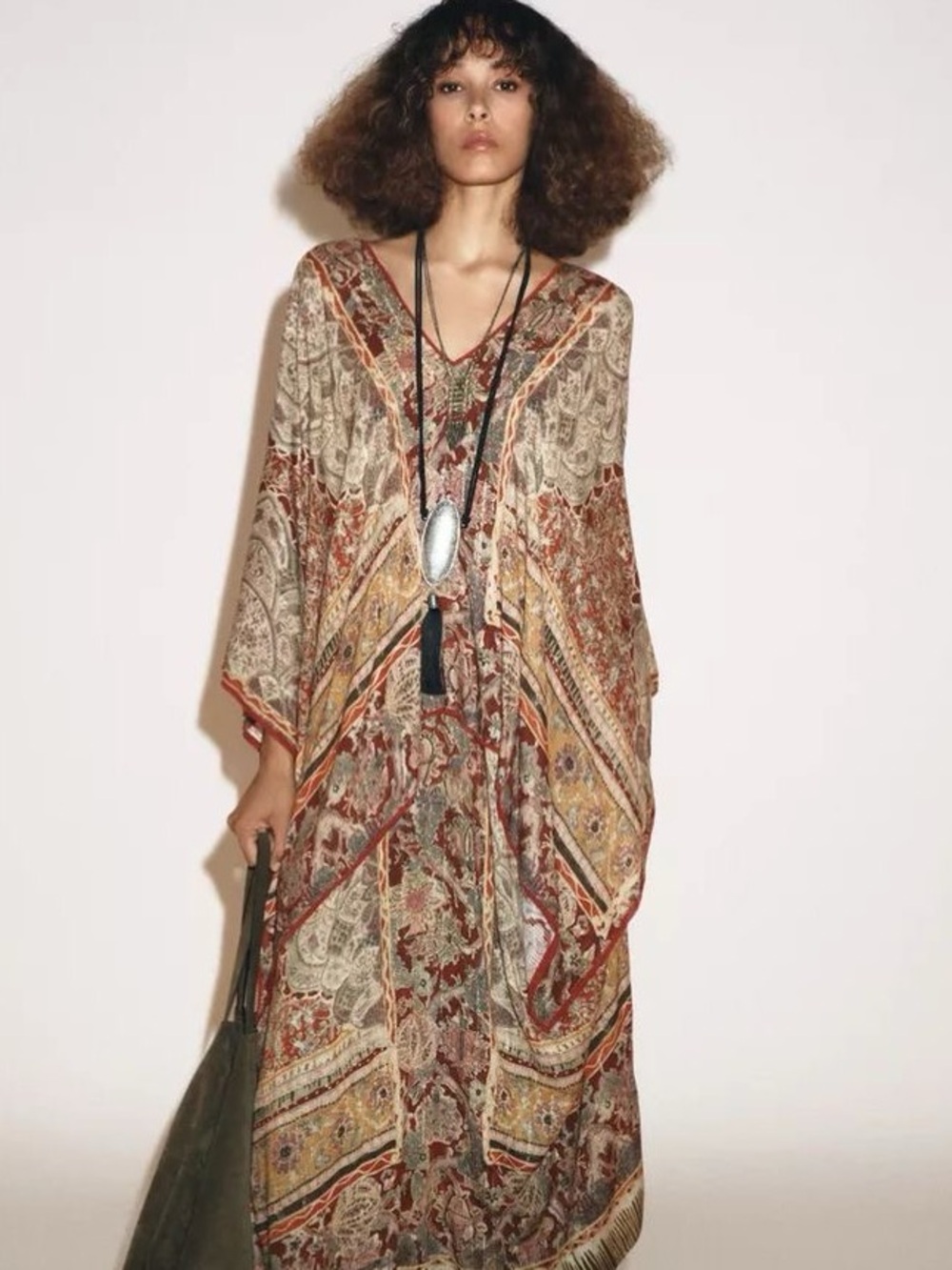 Zara Multicolor Paisley Midi Dress — Tan, Red, Yellow Accents